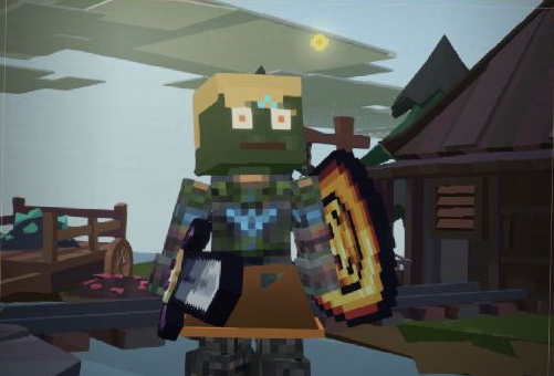A Voxium character holding a weapon and shield in the living game world